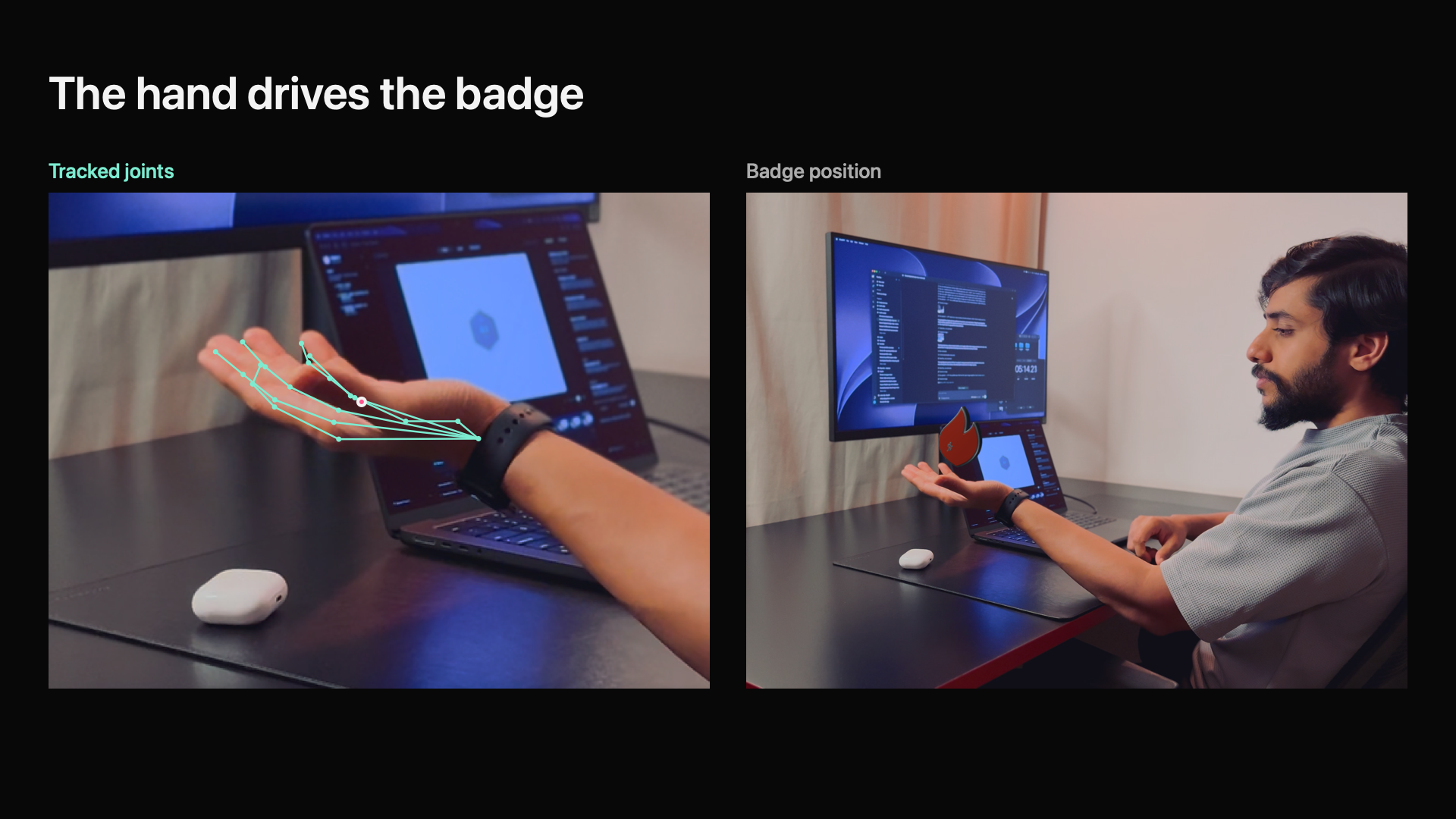 Tracked hand joints beside the resulting badge position at the same moment.