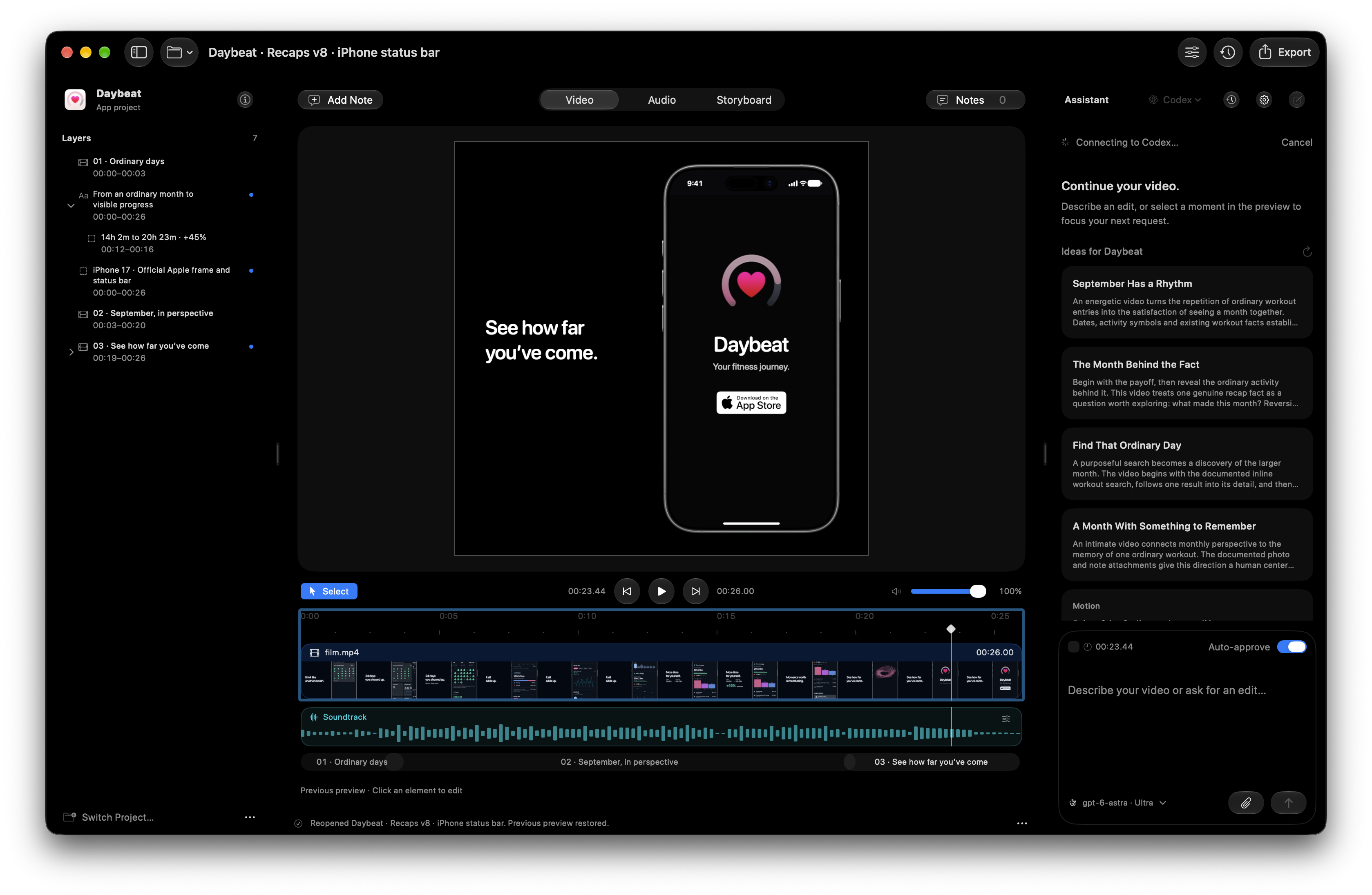 A Daybeat video open in SwiftRender, showing the iPhone preview, editable layers, video and audio timeline, and Codex assistant.