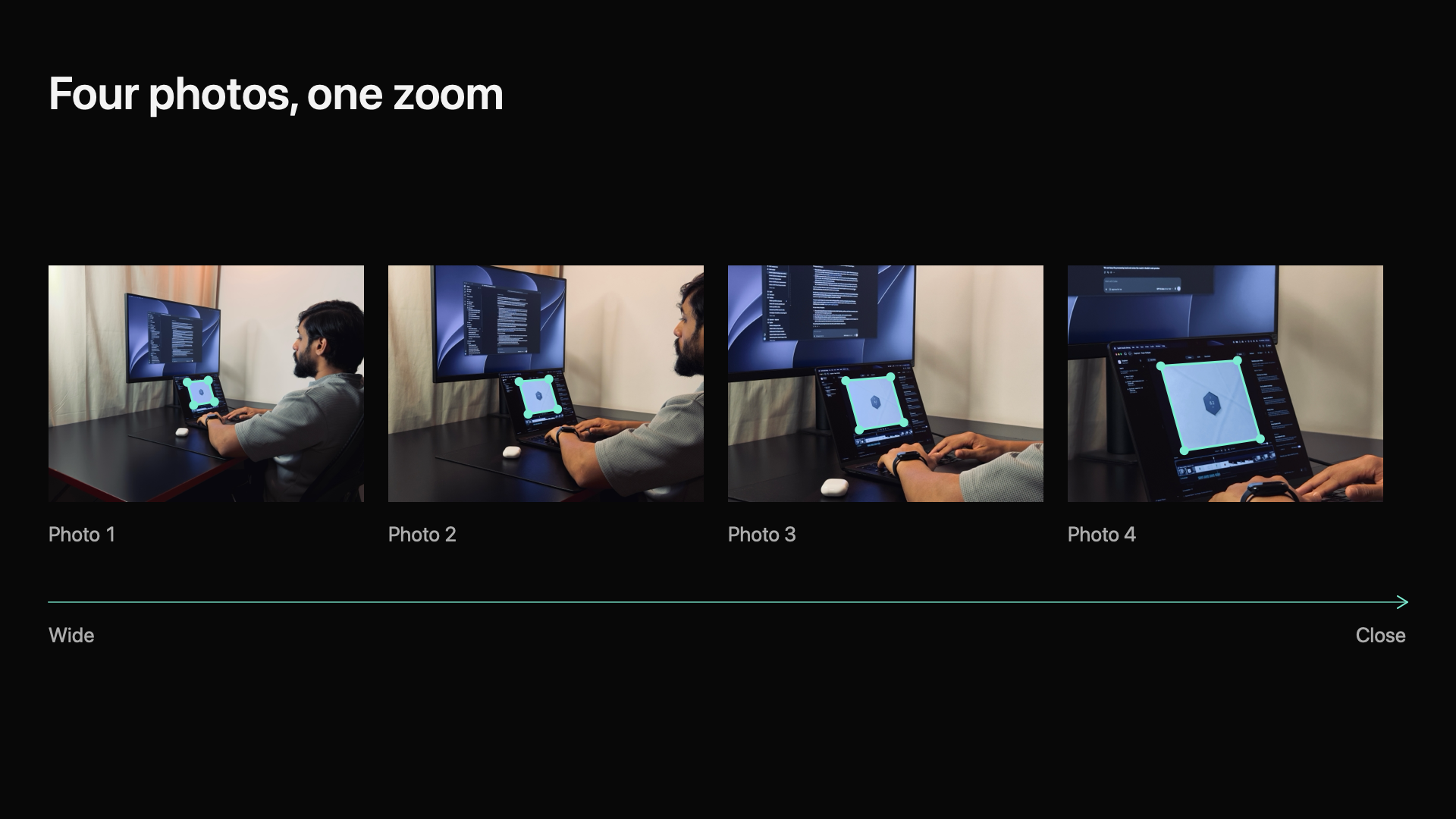 Four wide-to-close photos of Anoop at his desk, with matching laptop preview corners marked.