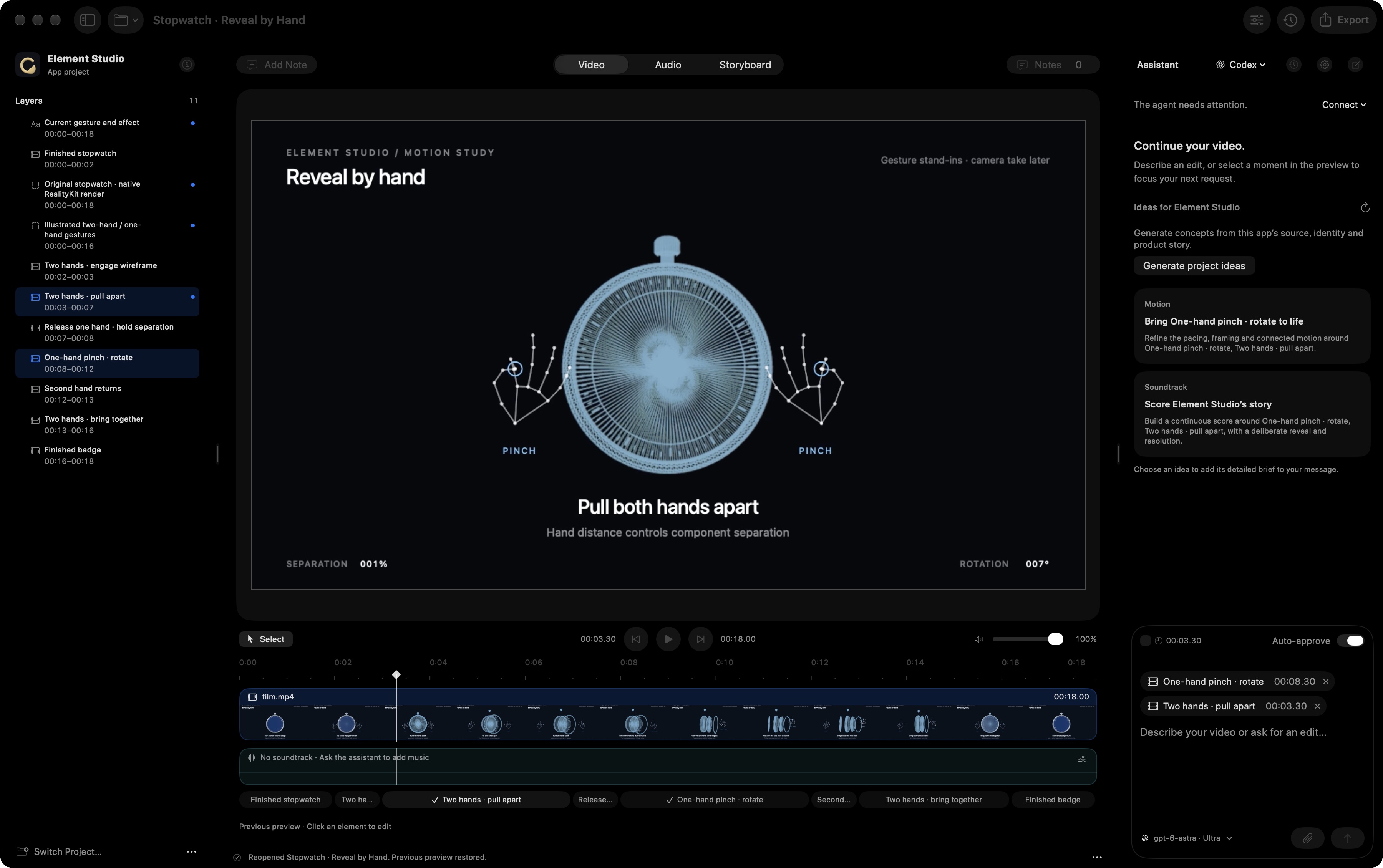 SwiftRender interface showing a stopwatch motion study, editable layers, a live video preview, timeline, and Codex assistant panel